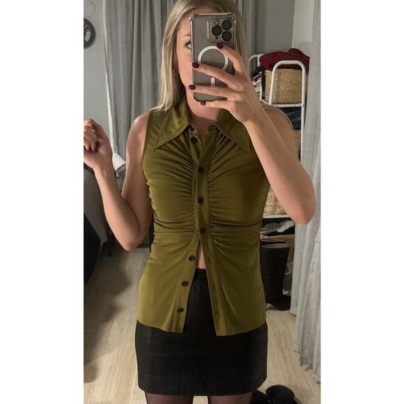 PROENZA SCHOULER WHITE LABEL Army Green Sleeveless Collared Button Front Top XL - Picture 1 of 11